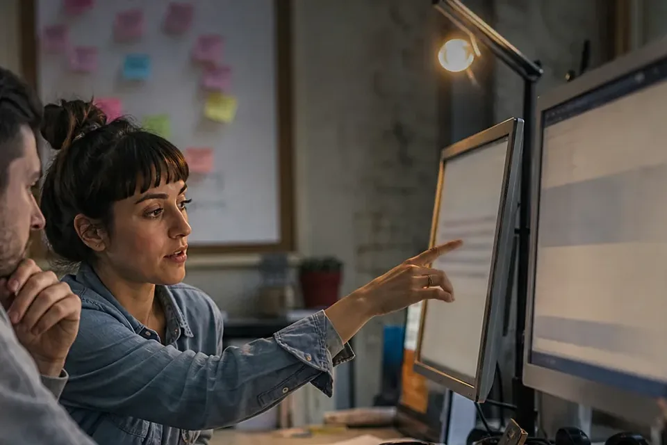 Colleague pointing at one of two chat widgets compared side by side on a monitor