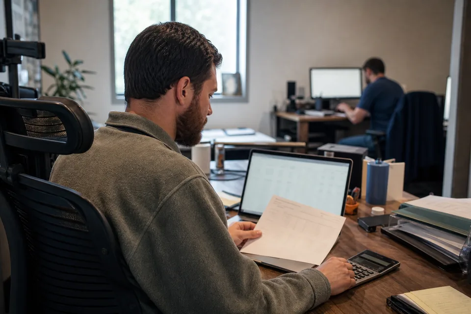 Support team lead reviewing a monthly help desk software budget on a laptop