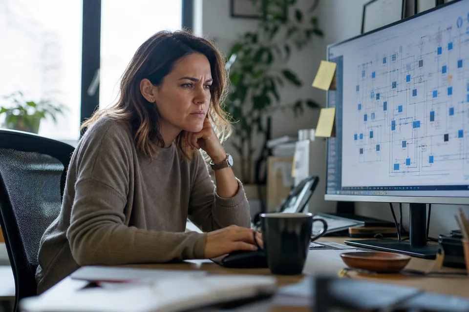 Marketing manager at a desk facing a monitor full of connected flow diagram nodes