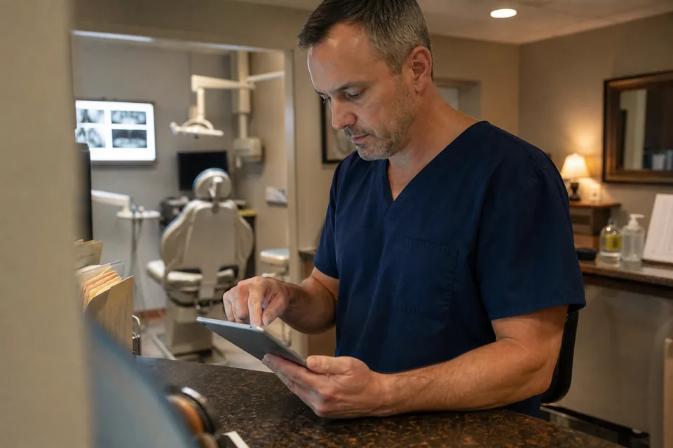 Dental office manager checking new patient messages on a tablet at the front desk after closing