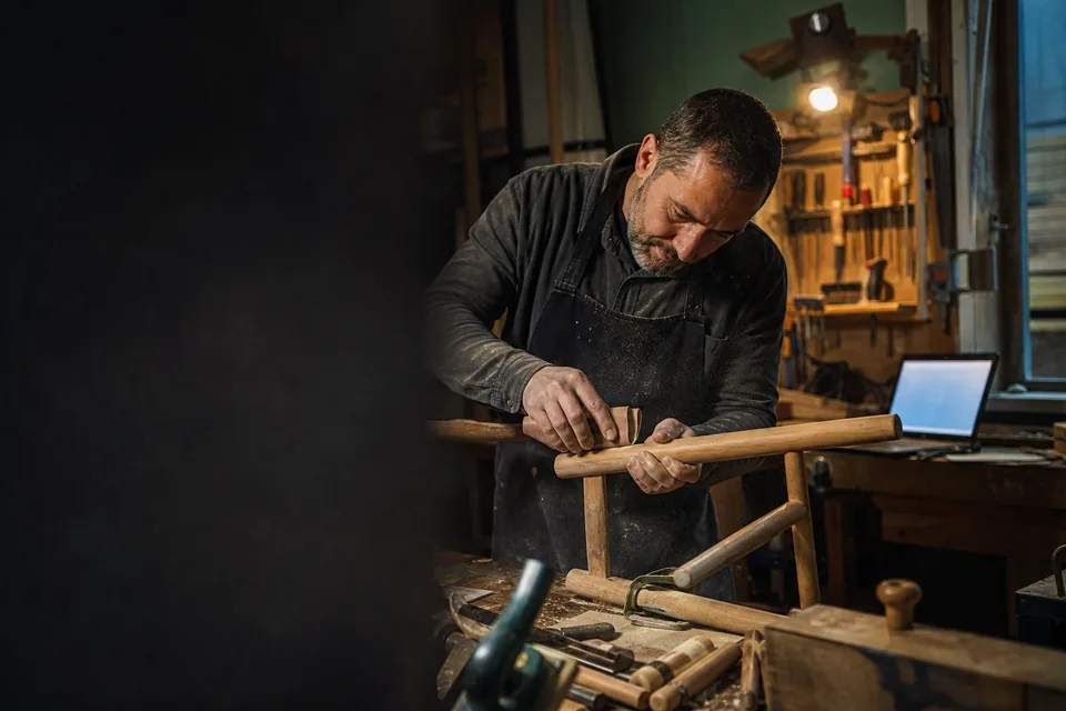 Workshop owner at the bench while the website answers customers