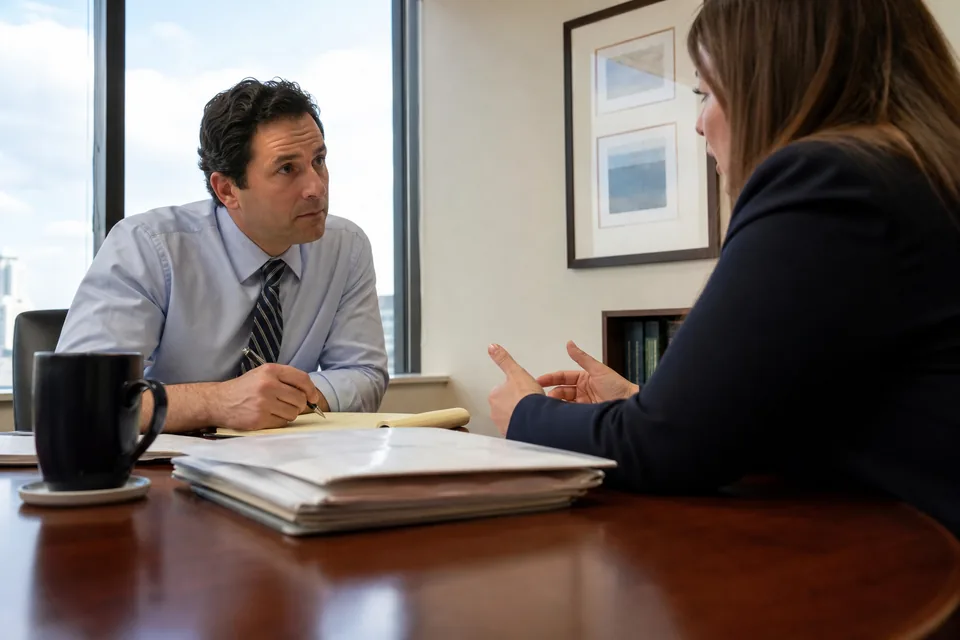Lawyer and a prospective client in a booked consultation at a conference table
