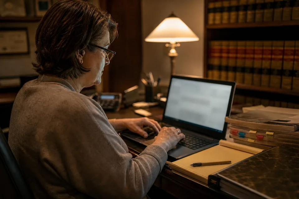 Attorney reviewing a new client intake on a laptop in a small law office in the evening