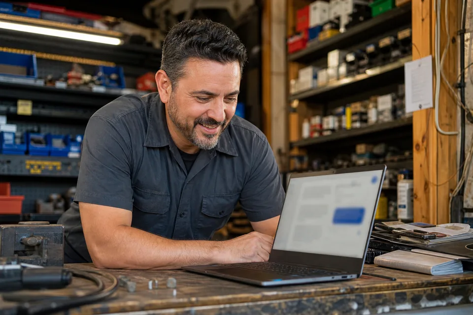 Small business owner at a shop counter checking the website chatbot on a laptop