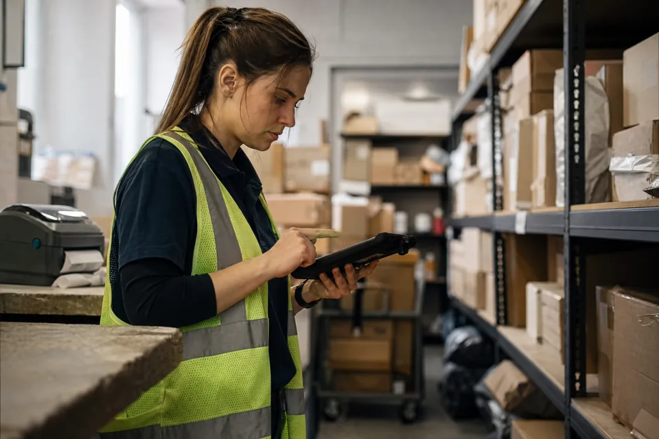 Packer checking an order on a tablet between shelves of parcels